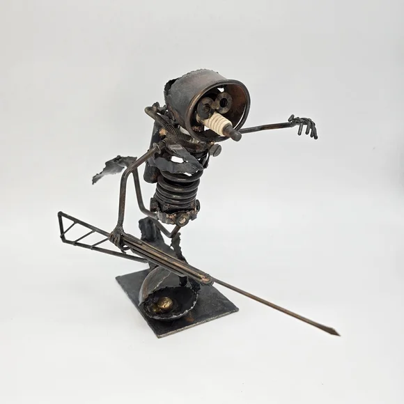 Vintage 1971 K Moore Scrap Metal Diver Sculpture Spear Pearl Signed Art - Picture 2 of 16